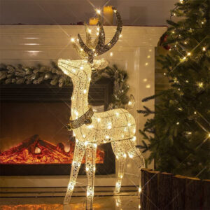 48-Inch Pre-Lit Glittering Christmas Reindeer with Gold Jingle Bells & Twinkling Lights | Ideal Holiday Decoration