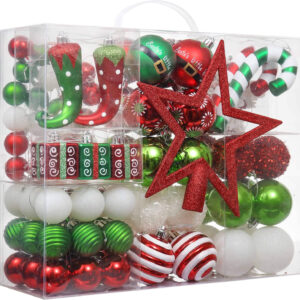 100-Piece Shatterproof Christmas Tree Ornaments Set - Elf Red, Green, and White Holiday Decorations