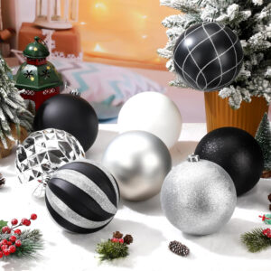 8-Pack Black and White Glitter Christmas Ball Ornaments - 6-Inch Holiday Decor Perfect for Festive Decorations