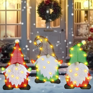 3-Pack Lighted Gnome Christmas Decorations - Tinsel Gnomes for Indoor & Outdoor Holiday Decor