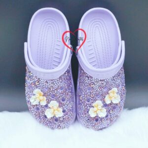 Stylish Customized Women's Crocs: Rhinestones, Purple Pearls, and Floral Design Accents