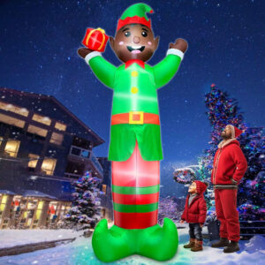 12-Foot Inflatable Black Santa Elf with Gift Box - Ideal Outdoor Christmas Decoration