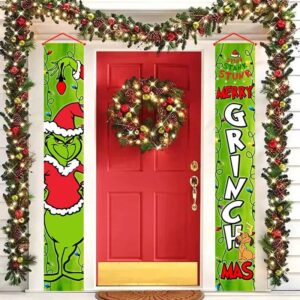 1Pair Grinch Christmas Decorations Grinch Porch Sign Door Banner Merry Grinchmas