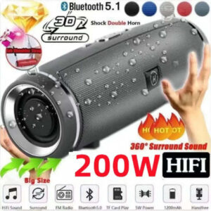 200W Portable Bluetooth Speaker IPX7 Waterproof Subwoofer Stereo Boom Box