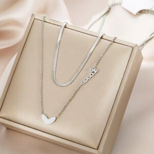 Women's Silver Plated Stainless Steel Love u & Heart Double Chain Necklace