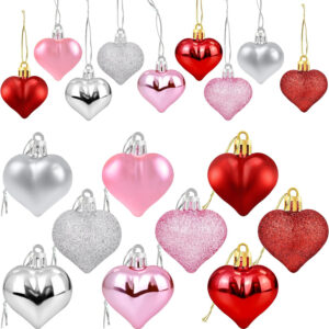 36Pcs Heart Shaped Ornaments - Red Pink Silver Glitter Baubles for Valentine'S D