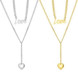 Layered Women Stainless Steel Love Heart Pendant Choker Neckalce Curb Chain