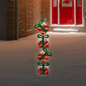 Northlight 43" Red Stripe Flat Tinsel Stack Gift Box Yard Decor Clear Lights