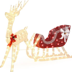 Pre-Lit Reindeer & Sleigh Set, 4Ft Light-Up Christmas Decorations Set W/ 360 LED