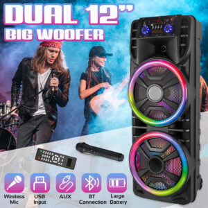 Dual 12" Bluetooth PA Speaker Karaoke Portable Heavy Bass Sound System With Mic