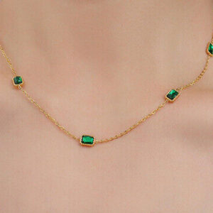 Fashion Woman Gold Plated Stainless Steel Simulated Green CZ Chain Necklace US