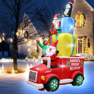 9 Ft Inflatable Santa Claus Drives a Gift Car Outdoor Christmas Decor with LED